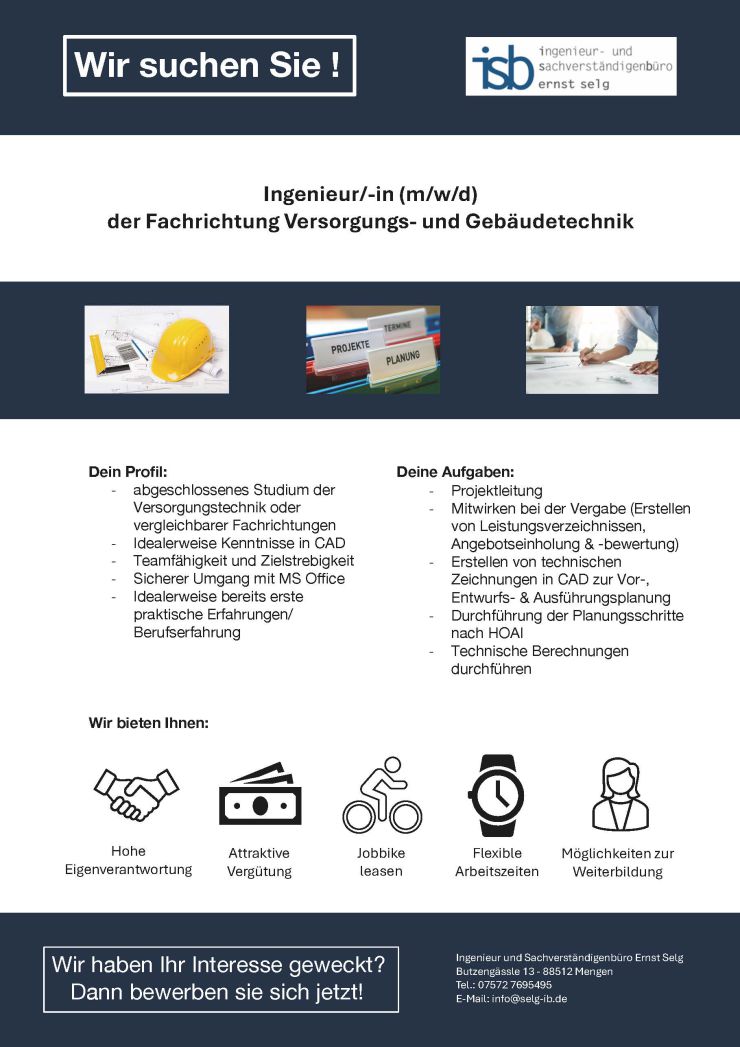 Stellenangebot Ingenieur für Versorgungstechnik