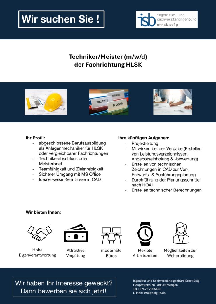 Stellenangebot Techniker/Meister für Versorgungstechnik