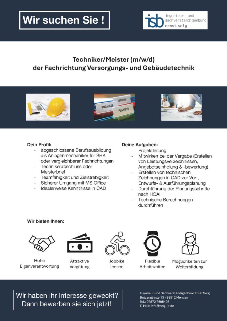 Stellenangebot Techniker/Meister für Versorgungstechnik